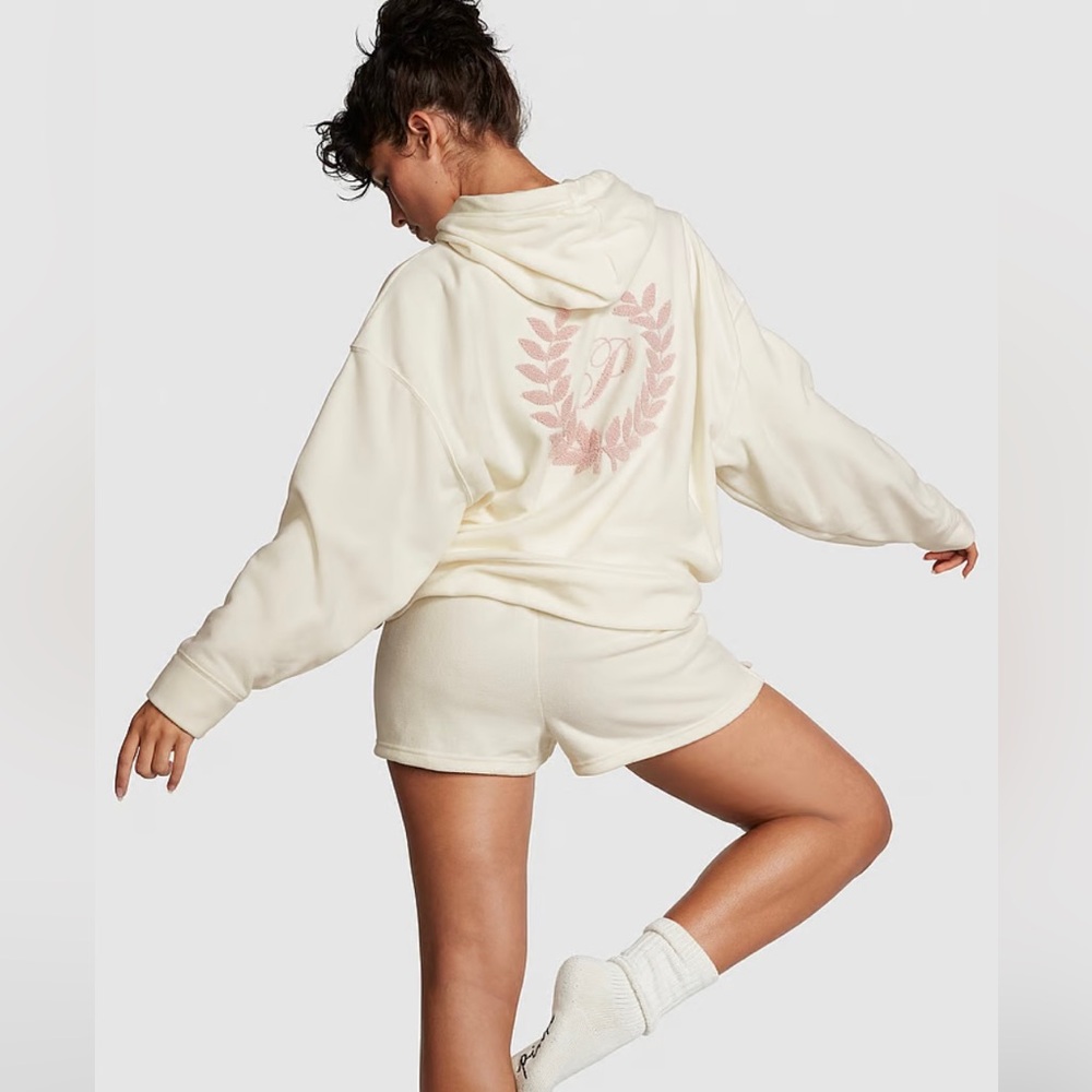 Victoria Secret Pink 2Pc Pajama Set Cream Polar Fleece Short & Hoodie Top New XL